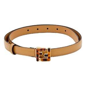 Fendi FF Skinny Tan Brown Leather Belt Tortoise Shell Buckle